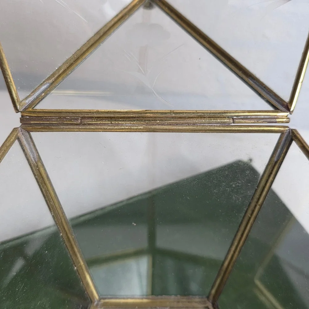 Vintage Brass Etched Glass Geometric Trinket Box Terrarium Mirrored Floral